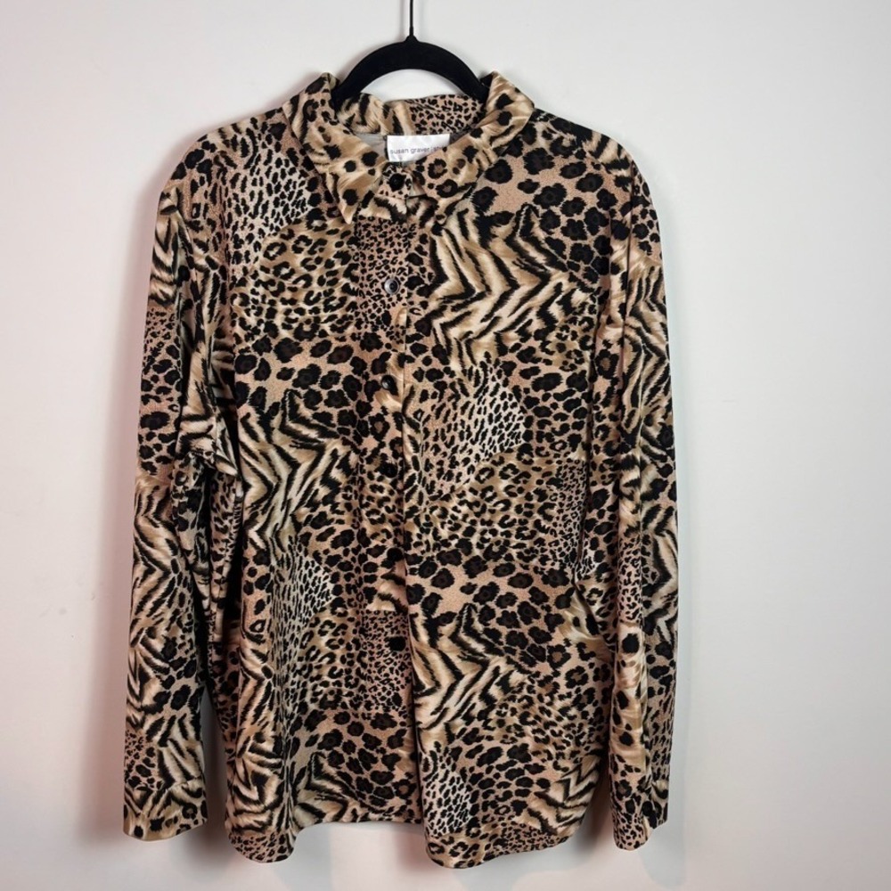 susan graver syle women's mixed animal print button up polyester blouse sz 2X